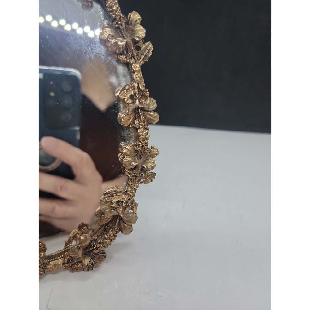 Vintage Globe 24K Gold Plated Ornate Hibiscus Design Tabletop Oval Mirror 1950s - Picture 3 of 7